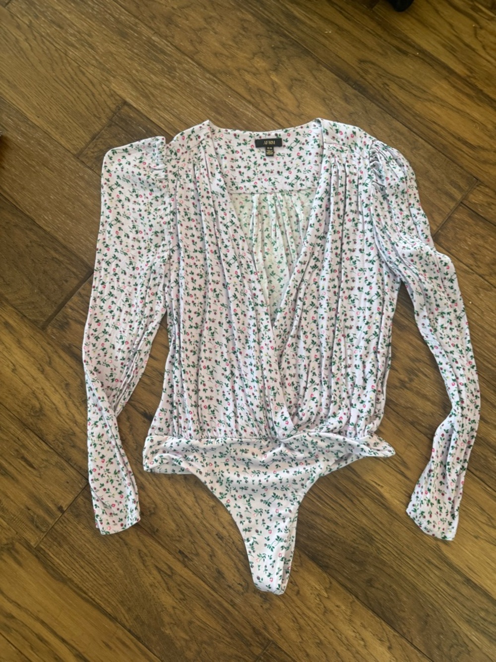 AFRM White Floral Wrap-Style Long Sleeve Bodysuit